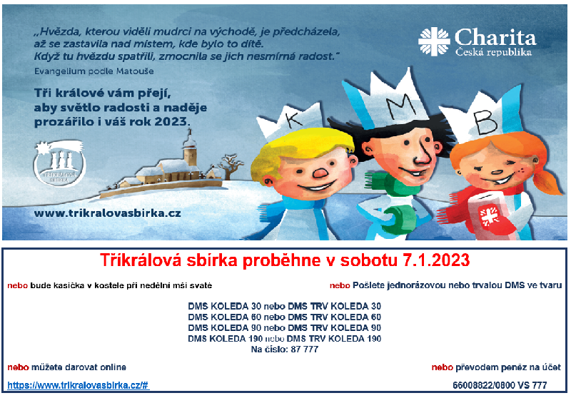 Tříkrálová sbírka proběhne v sobotu 7.1.2023